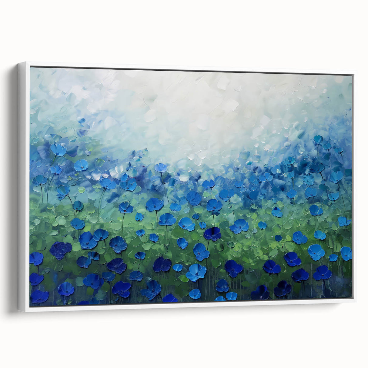 Framed canvas artwork showcasing an abstract floral design in vibrant colors, displayed from a white side view, perfect for modern home decor. This piece adds a touch of elegance and creativity to any room, enhancing visual appeal and artistic ambiance.