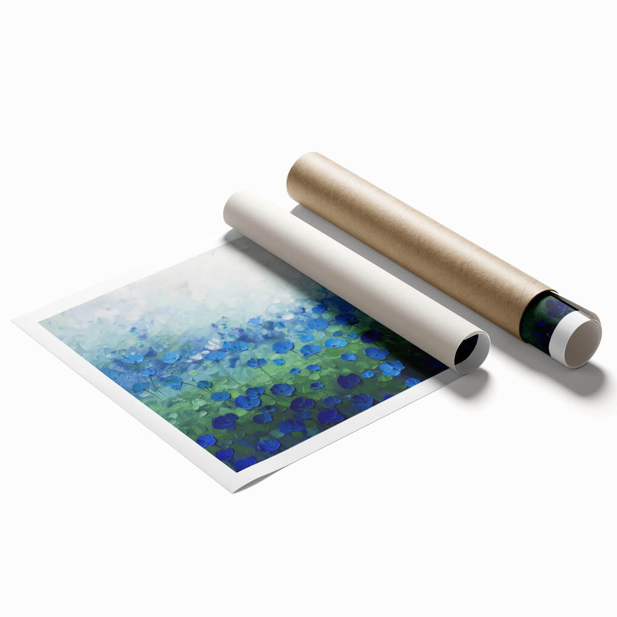 Abstract floral rolled print showcasing vibrant colors and intricate designs, ideal for home decor or art enthusiasts, presented in a secure cardboard tube.