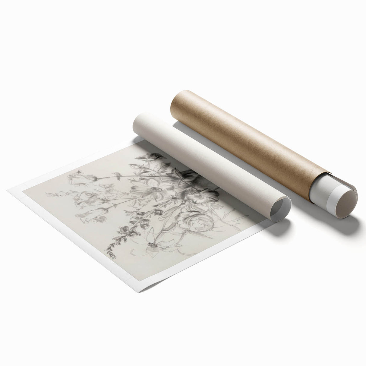 Abstract floral rolled print featuring vibrant colors and intricate designs, elegantly packaged in a protective cardboard tube for easy display and transport.