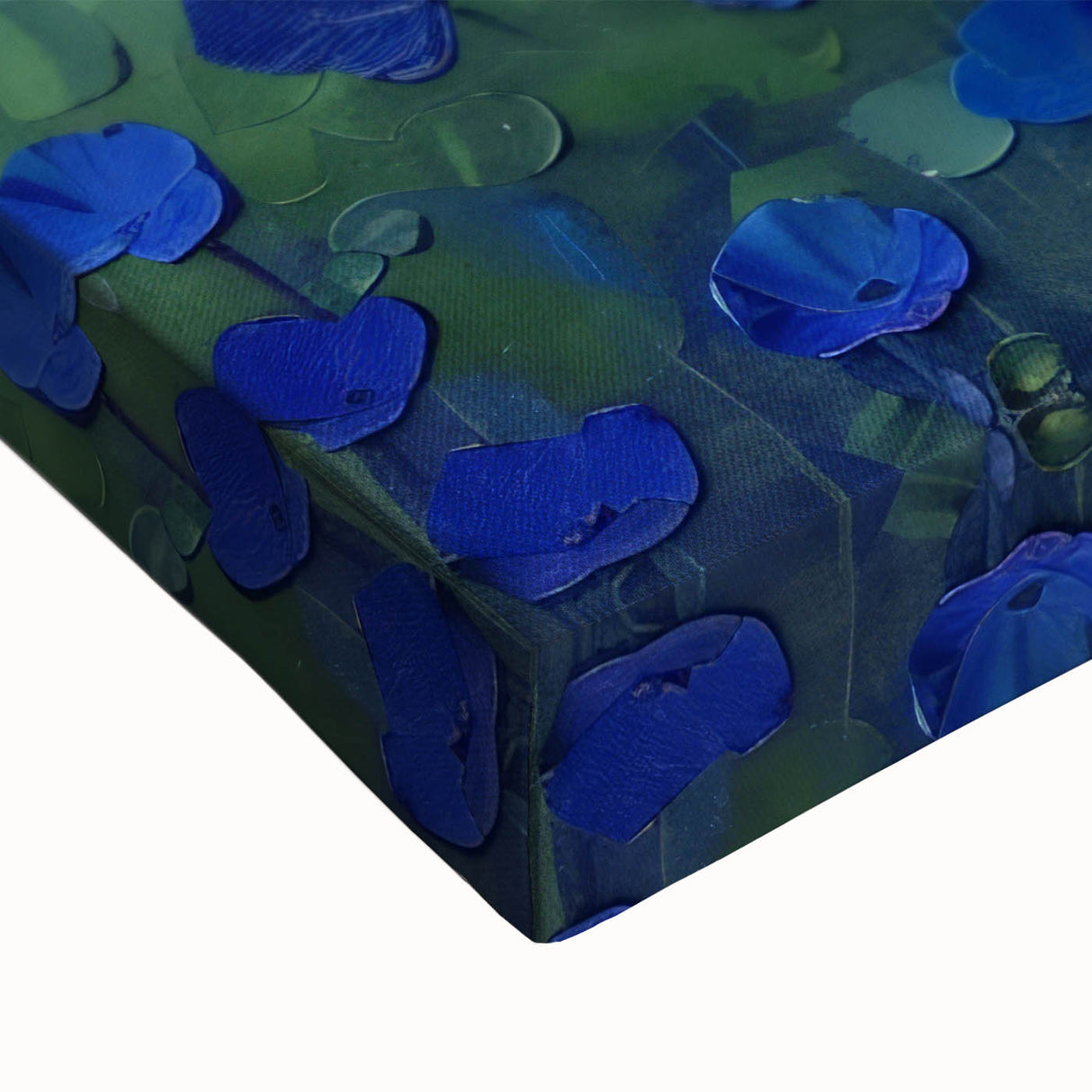 Close-up of a vibrant abstract floral stretched canvas artwork, showcasing bold colors and intricate patterns, perfect for modern home decor or artistic spaces.