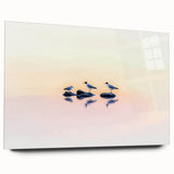 Abstract landscape acrylic artwork showcasing vibrant hues of blue and orange, set within a sleek glass frame, enhancing modern decor with a serene side view.