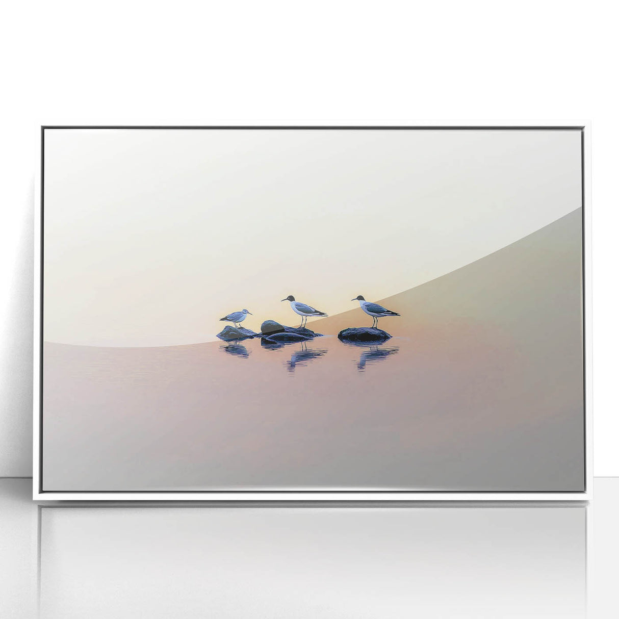 Framed acrylic artwork showcasing an abstract landscape with soft blue and green hues, set in a sleek white frame, perfect for modern home decor.