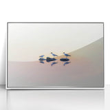 Framed acrylic artwork showcasing an abstract landscape with soft blue and green hues, set in a sleek white frame, perfect for modern home decor.