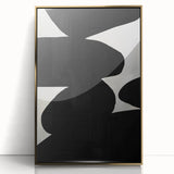 Framed minimalist wall art featuring an abstract design in gold and white, set against a sleek acrylic background, perfect for contemporary decor.