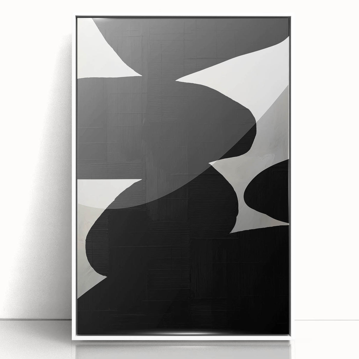 Framed minimalist abstract wall art featuring soft white tones and geometric shapes, perfect for modern home decor. Ideal for adding a touch of elegance to any space.