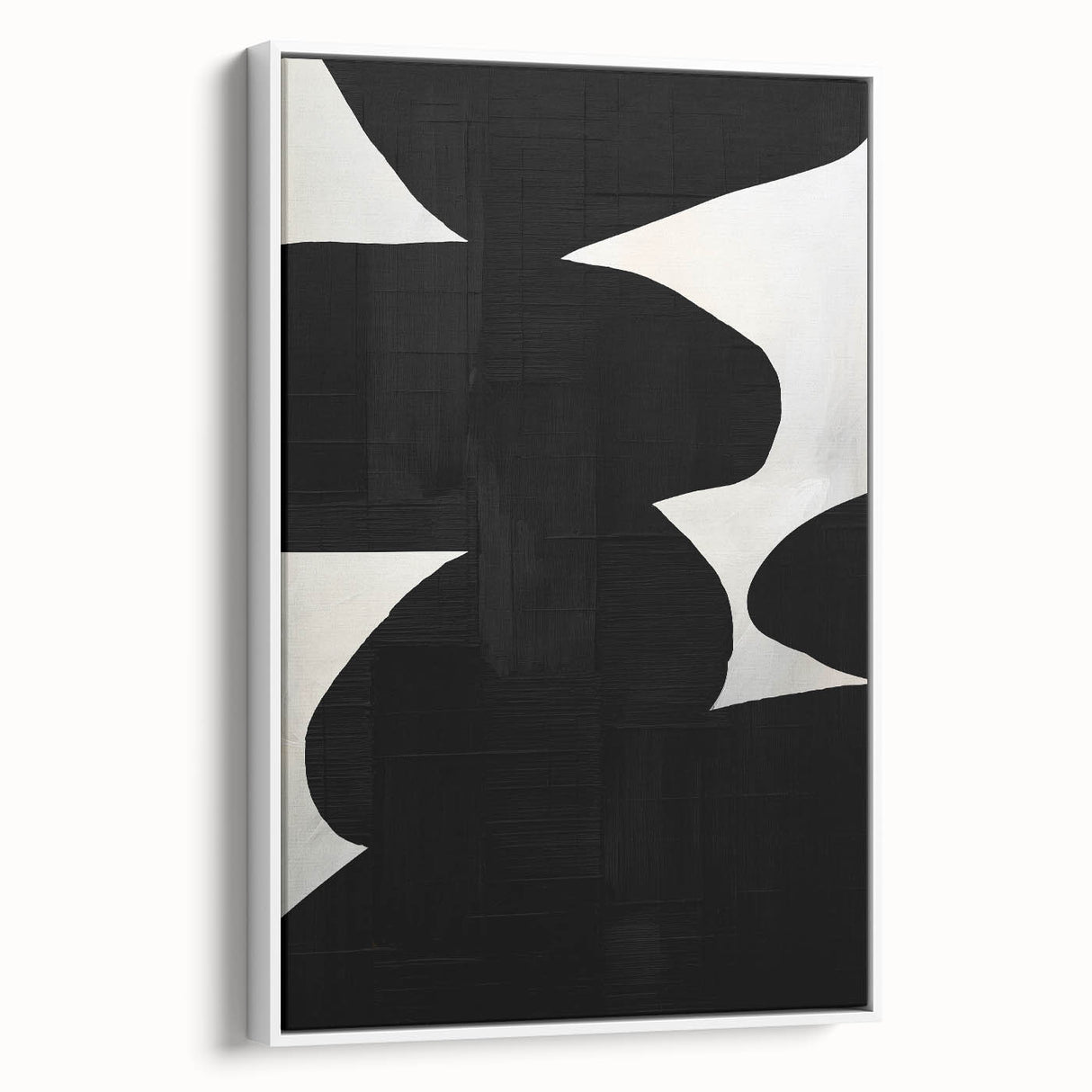 Framed abstract minimalist wall art in white, showcasing clean lines and subtle textures, perfect for modern home decor. Side view highlights its sleek design.