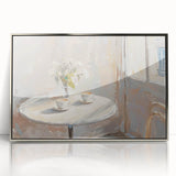 Mid-century modernist art featuring abstract food and drink motifs in pastel shades on a silver-framed acrylic print.