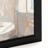 Extra large black wall art featuring a colorful, textured depiction of various foods and drinks on a framed canvas.