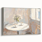 Landscape art painting featuring colorful, vintage-style food and drink imagery on a black background, framed in silver.