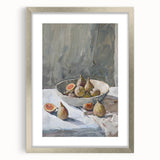 Textured art print featuring abstract fruit designs in vibrant colors, framed in silver, ideal for kitchen wall decor.