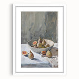 Abstract art print featuring assorted fruits in vibrant hues, displayed in a white frame with mat.