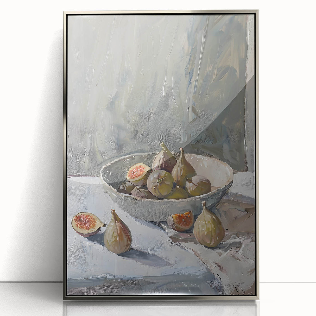 Mid-century modernist art of assorted fruits in vibrant colors, framed in silver acrylic, ideal for nursery wall art.