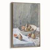 Framed canvas featuring a vintage poster of a fruit landscape in gold and black tones, ideal for bedroom wall art.
