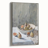 Landscape art painting featuring colorful fruits on a black background, framed in silver, ideal for kitchen wall decor.