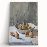 Large black and white photo of assorted fruits on stretched canvas, ideal for kitchen wall art.