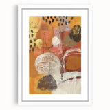Abstract art print depicting autumnal trees in orange and brown tones, framed in white, suitable for dining room decor.