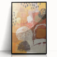 Large abstract wall art in vibrant orange and red tones, framed in black acrylic, suitable for modern living room decor.