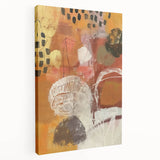 Large art depicting a fall-themed abstract design in warm orange and red tones on stretched canvas.