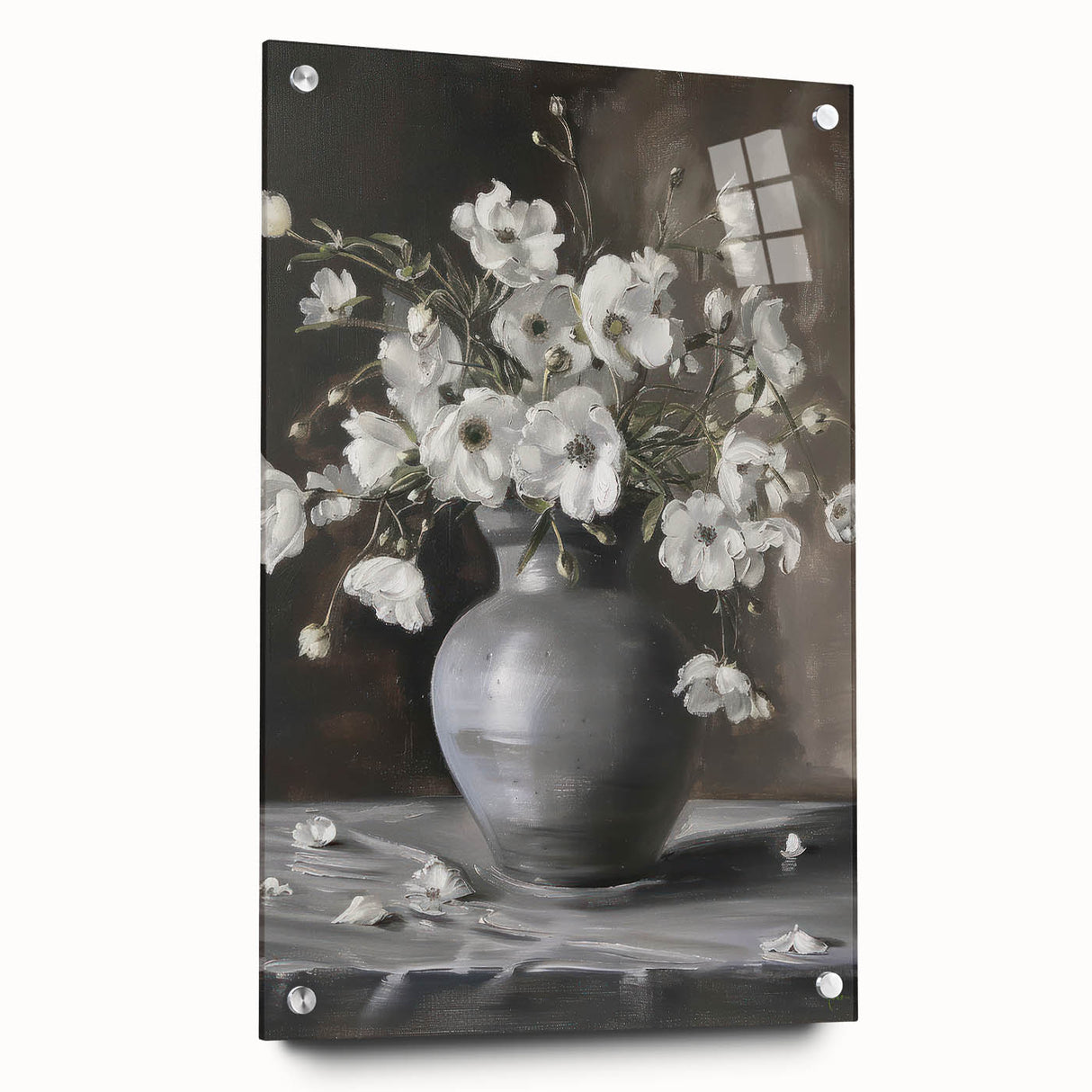 Abstract floral acrylic artwork displayed in a glass frame, showcasing vibrant colors and intricate details, set against a neutral background for elegance.