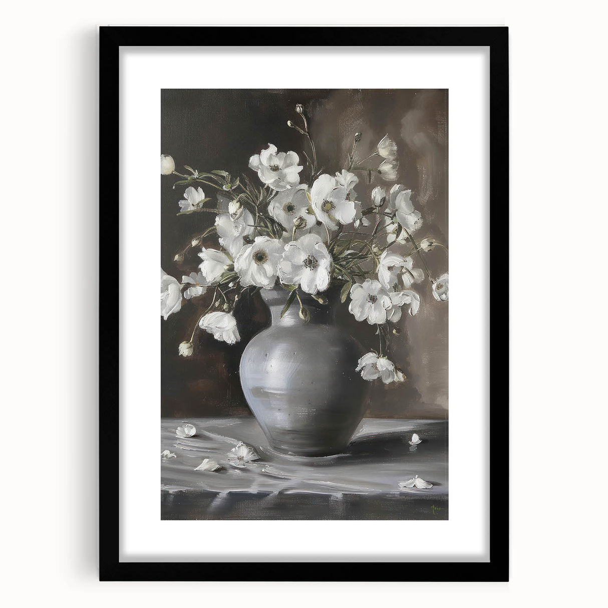 Abstract floral artwork framed in black with a mat, showcasing vibrant colors and intricate designs, perfect for modern home decor or gallery display.