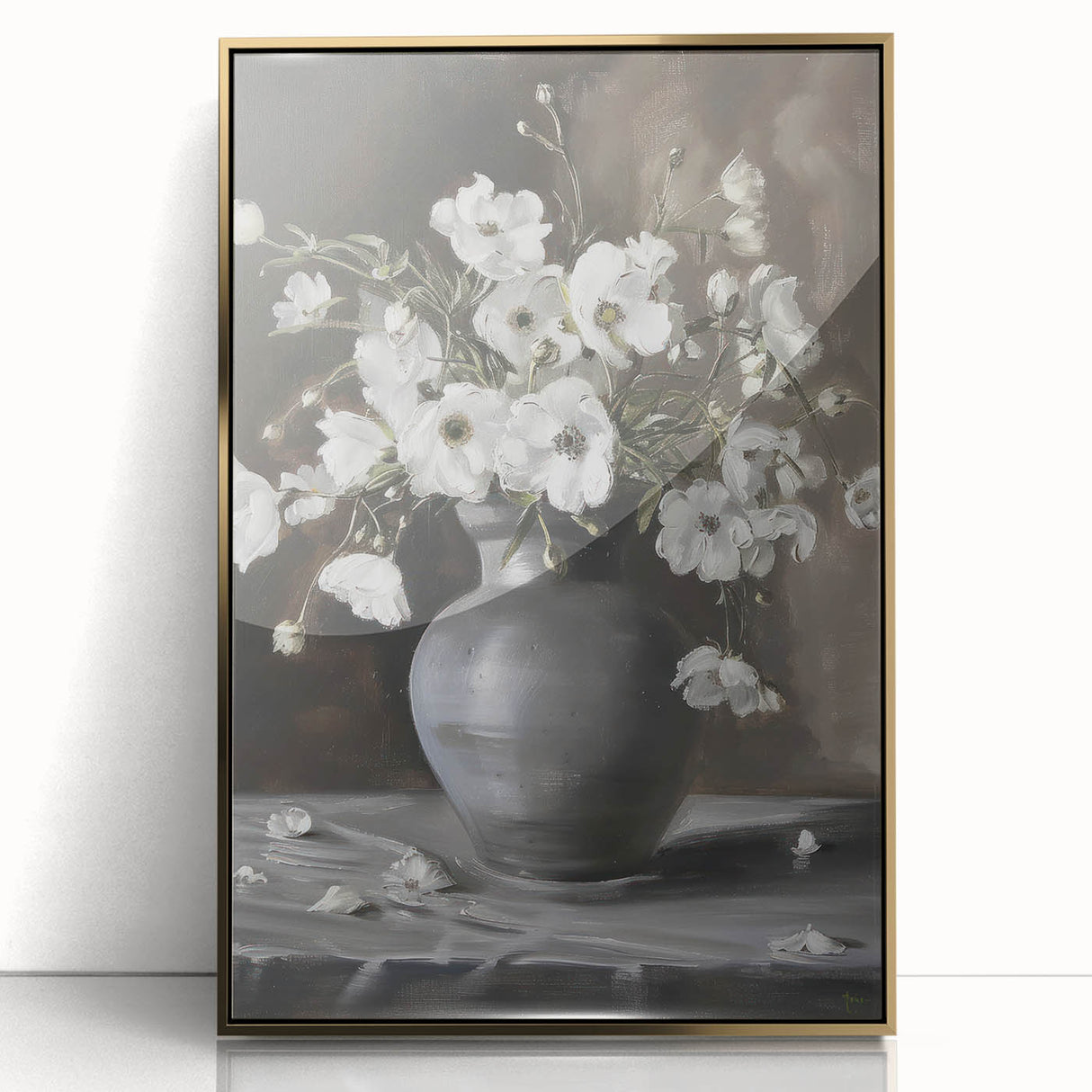 Framed acrylic artwork showcasing vibrant abstract florals in gold hues, set against a sleek background, ideal for modern home decor and artistic expression.