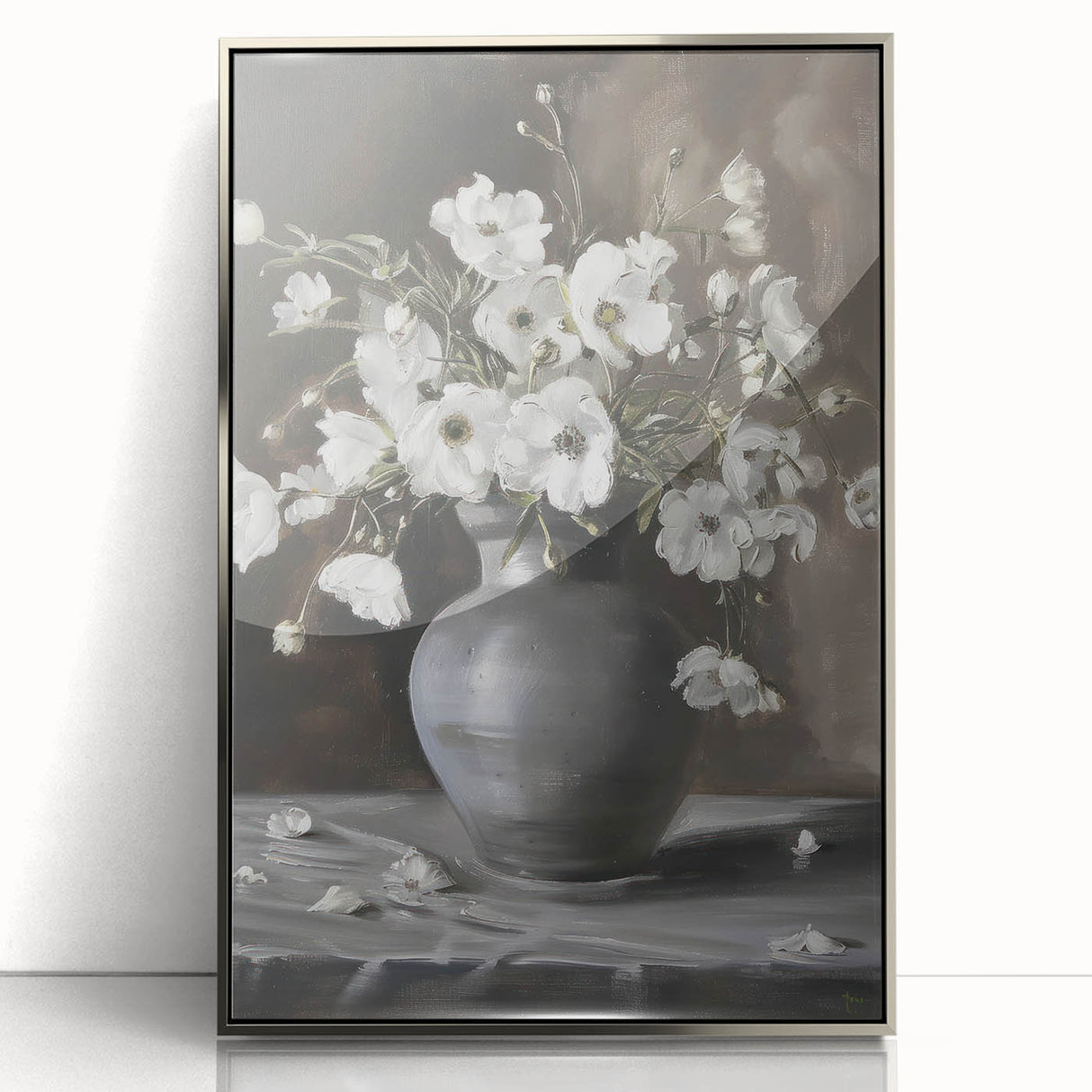 Framed acrylic artwork showcasing vibrant abstract floral designs in silver hues, ideal for modern home decor. Perfect for adding a touch of elegance to any space.