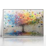 Framed acrylic artwork showcasing vibrant abstract floral designs in shades of pink, blue, and green, elegantly displayed against a sleek white background.