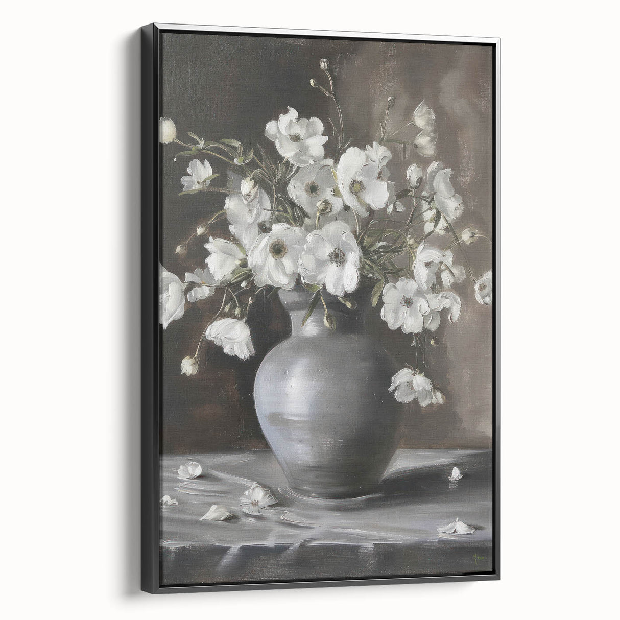 Framed canvas artwork showcasing abstract floral designs in vibrant hues of pink, blue, and green, featuring a sleek black frame for modern decor enhancement.