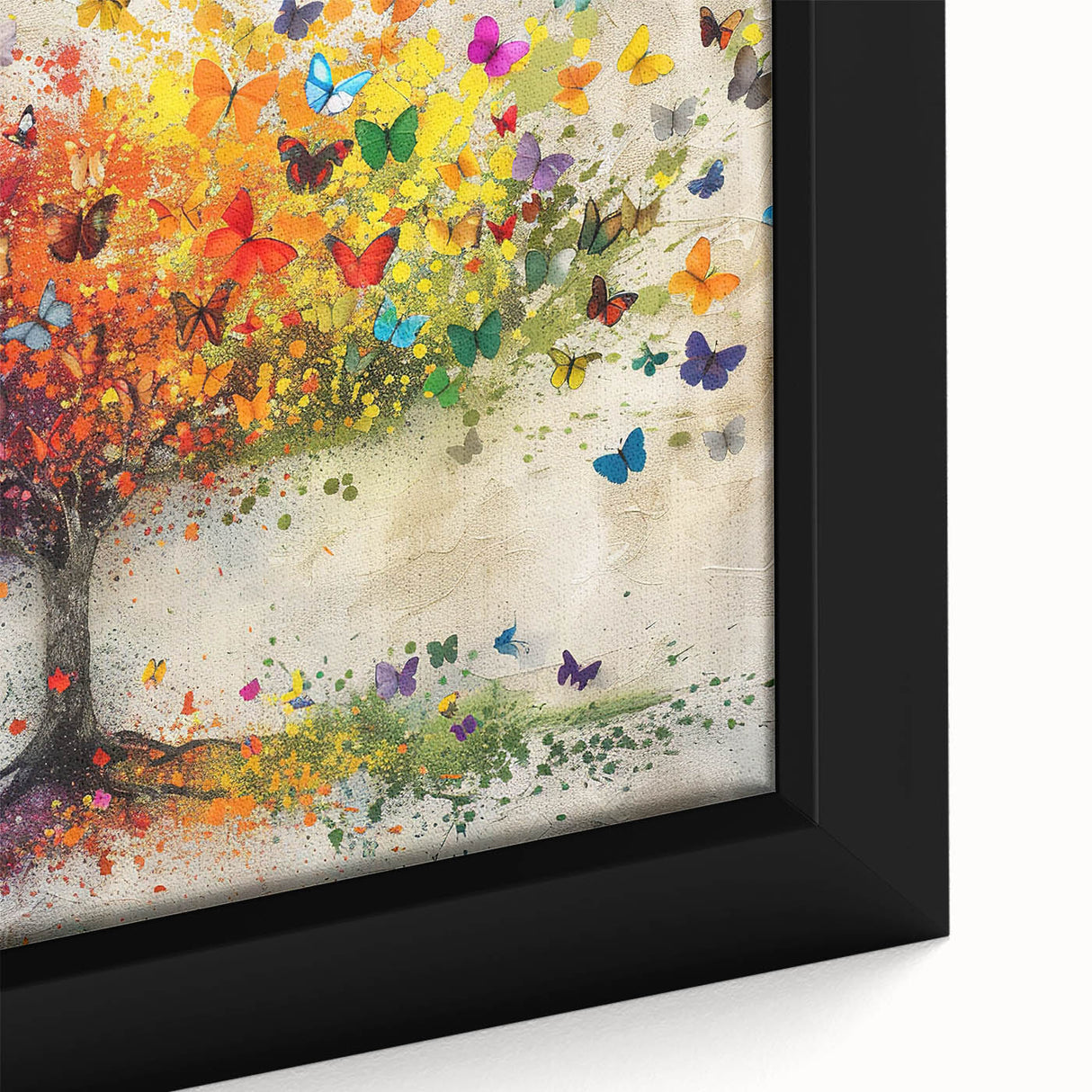 Close-up view of an abstract floral design on a framed canvas, showcasing vibrant colors and intricate details, perfect for modern home decor.