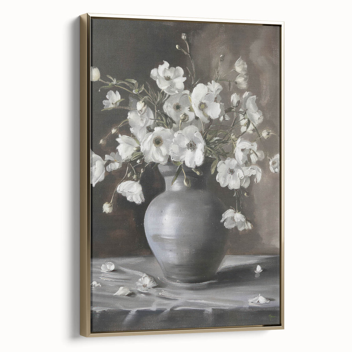 Framed canvas artwork showcasing an abstract floral design in vibrant colors with a gold frame, perfect for modern home decor or office spaces.