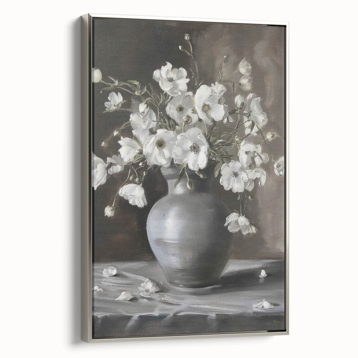 Framed canvas artwork showcasing vibrant abstract floral designs in rich colors, presented with a sleek silver frame, ideal for modern home decor.