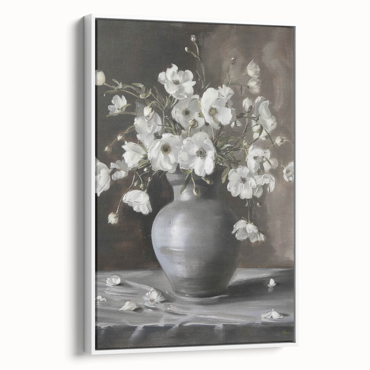 Framed abstract floral canvas art in a white frame, showcasing vibrant colors and intricate patterns. Perfect for adding a modern touch to home decor.