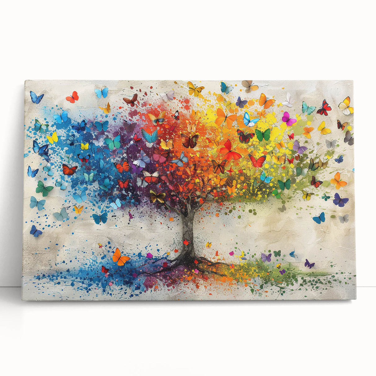 Abstract floral canvas artwork showcasing vibrant colors of pink, blue, and green, elegantly leaning against a neutral wall, ideal for modern home decor.