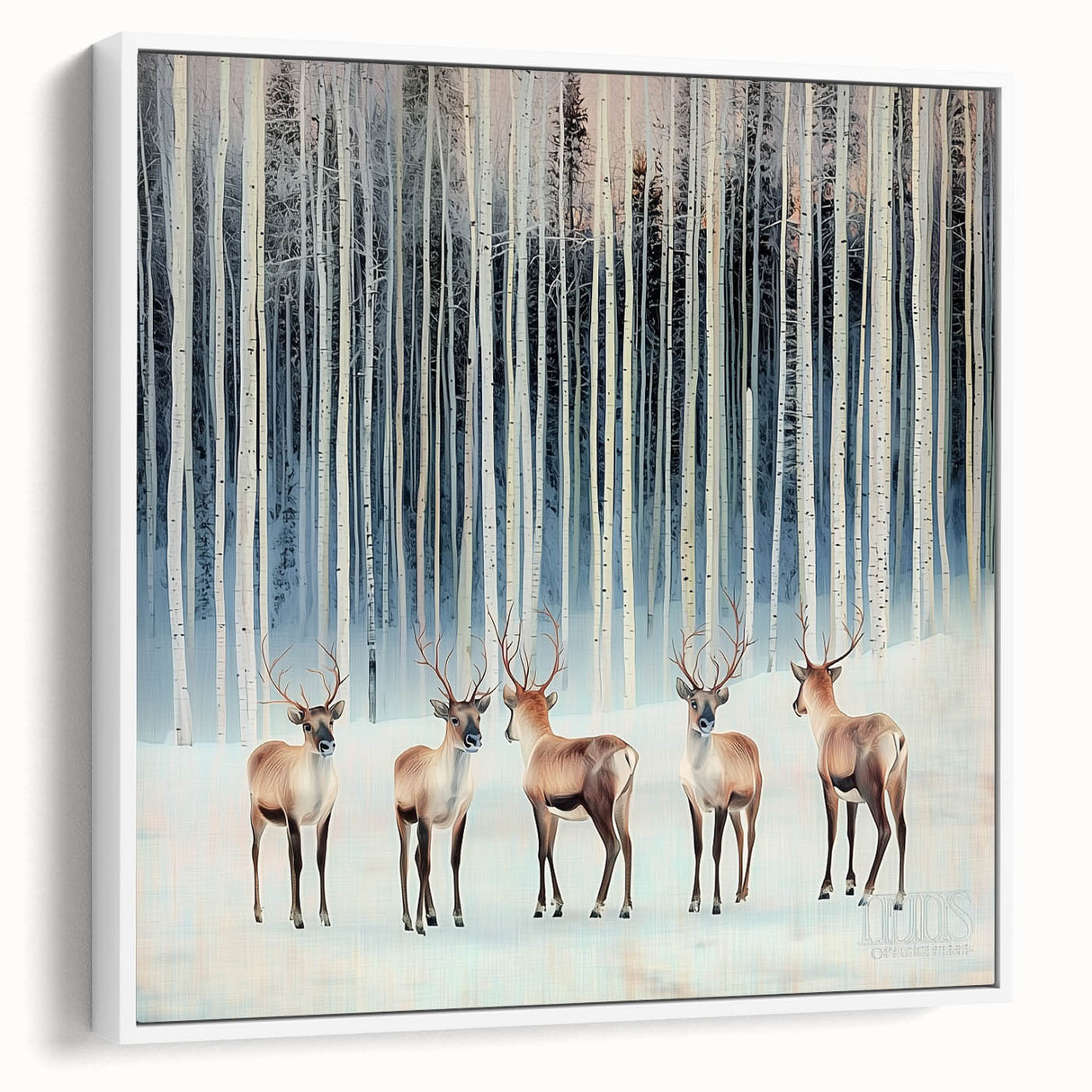 Framed abstract landscape canvas art showcasing a serene white and blue color palette, ideal for modern home decor, displayed in a stylish side view.