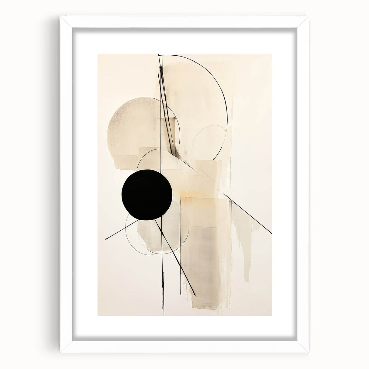 Abstract minimalist wall art featuring a geometric design in soft pastel colors, framed with a white mat, showcasing a modern aesthetic suitable for home decor.