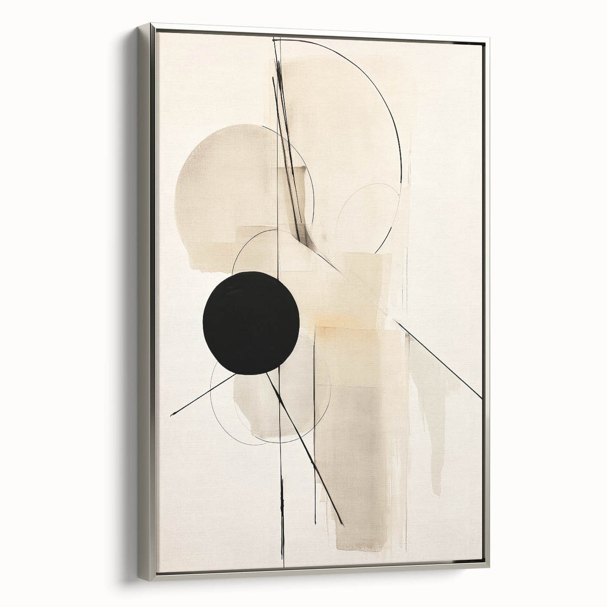 Abstract minimalist wall art piece featuring a silver frame and a sleek canvas design, showcasing geometric shapes and soothing neutral tones, ideal for modern decor.