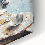 Large abstract wall art on acrylic glass featuring mid-century modernist swirls in earth tones, ideal for dining room decor.