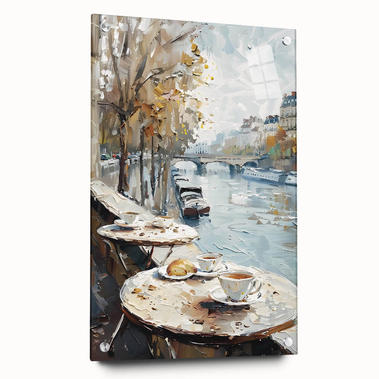 Large abstract wall art on acrylic glass featuring vibrant hues of blue and orange, ideal for dining room decor.
