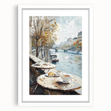 Abstract art print featuring swirling patterns in muted blue and white tones, framed with a white mat.