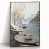 Large art print of a mid-century modernist food and drink motif in muted gold tones on acrylic.