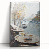 Mid-century modernist art depicting various food and drinks in muted colors on a silver-framed acrylic print.