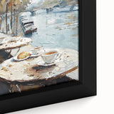 Close-up of black wall art featuring colorful, textured food and drink motifs on a large framed canvas.