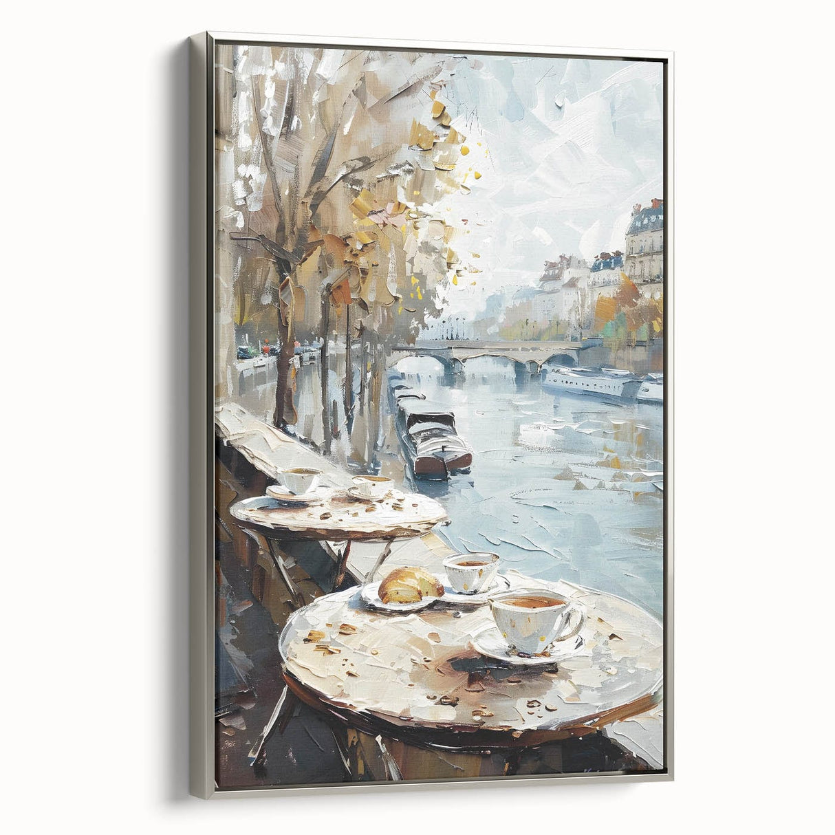 Landscape art painting of a colorful cityscape, framed in silver on canvas, ideal for living room decor.