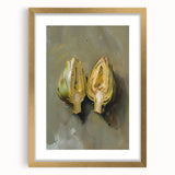 Extra large abstract art print featuring textured fruits in vibrant colors, framed in gold, ideal for living room decor.