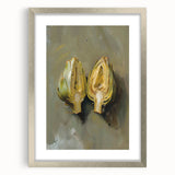 Textured art depicting abstract fruits in vibrant colors on a silver-framed mat, ideal for bedroom wall decor.