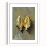 Abstract art print of assorted fruits in vibrant colors on a white framed mat, ideal for dining room decor.