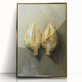 Large art print of assorted fruits in vibrant colors on a gold-framed acrylic, ideal for modern kitchen decor.