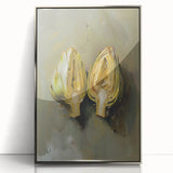 Mid-century modernist art featuring an assortment of fruits in vibrant colors on a silver-framed acrylic print.