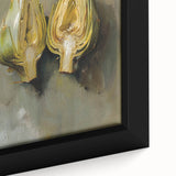 Close-up of black wall art featuring a colorful, textured depiction of various fruits on a large framed canvas.