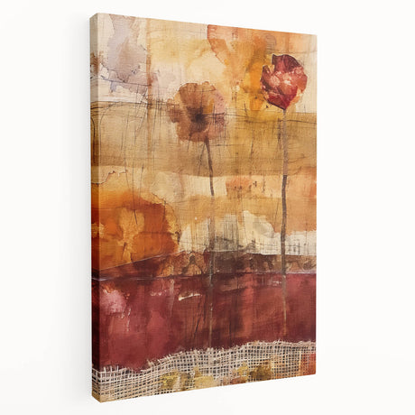 Large abstract depiction of autumn trees on stretched canvas, featuring warm orange and red tones.